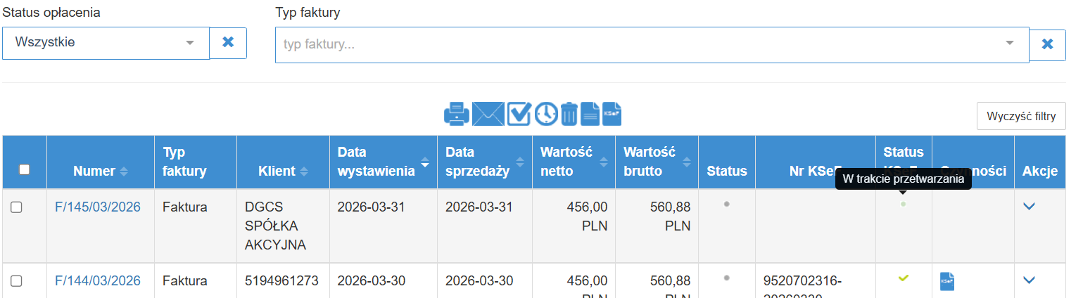 Lista faktur - status w trakcie przetwarzania