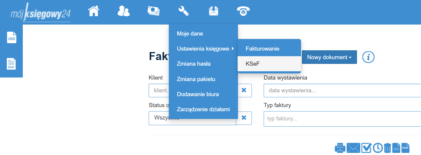 Menu Fakturowanie KSeF