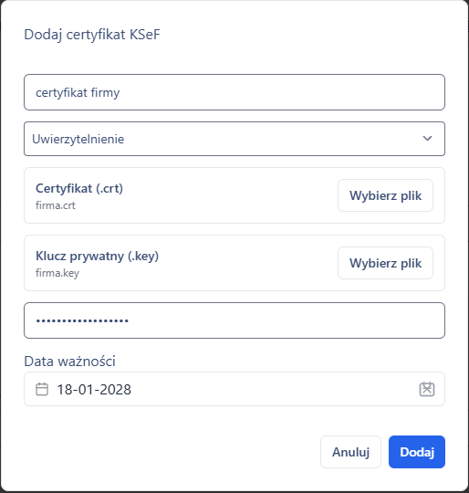 Dodawanie certyfikatu
